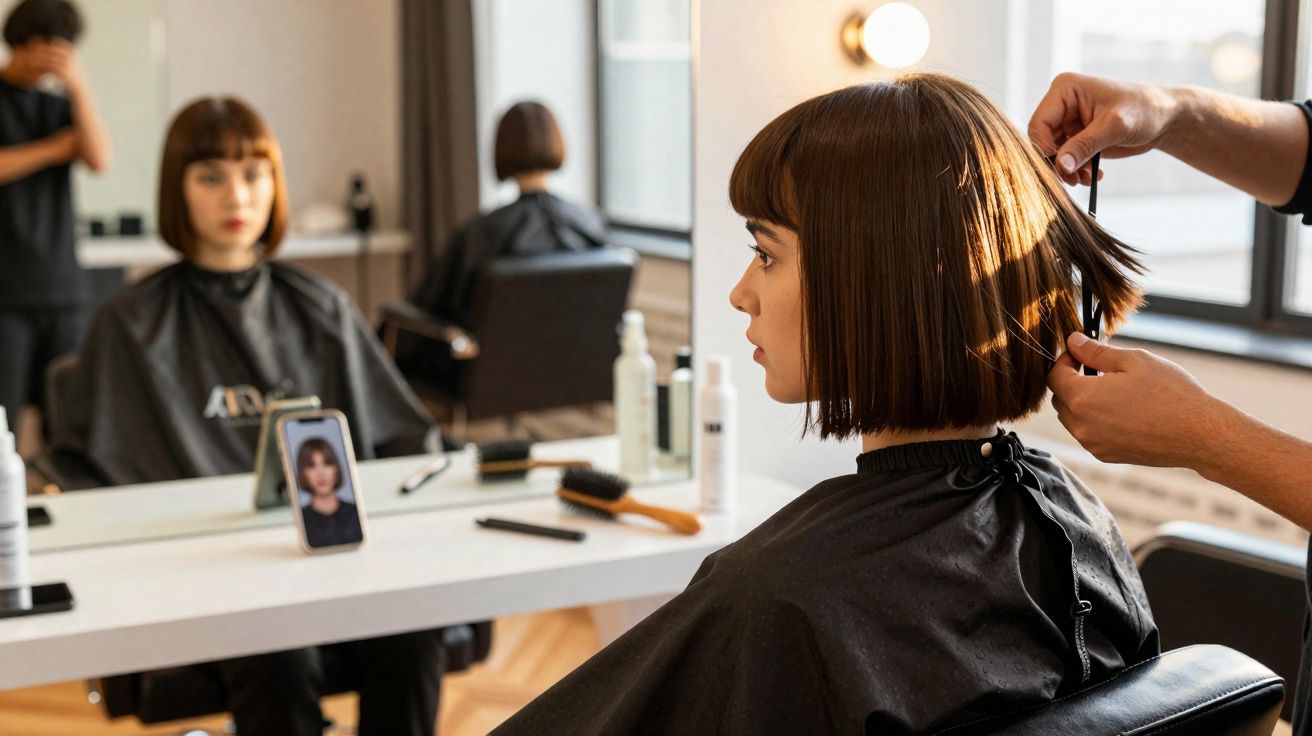 Kobieta w salonie fryzjerskim obcinana na krótko, z lustrzaną odbiciem i telefonem ze zdjęciem fryzury.