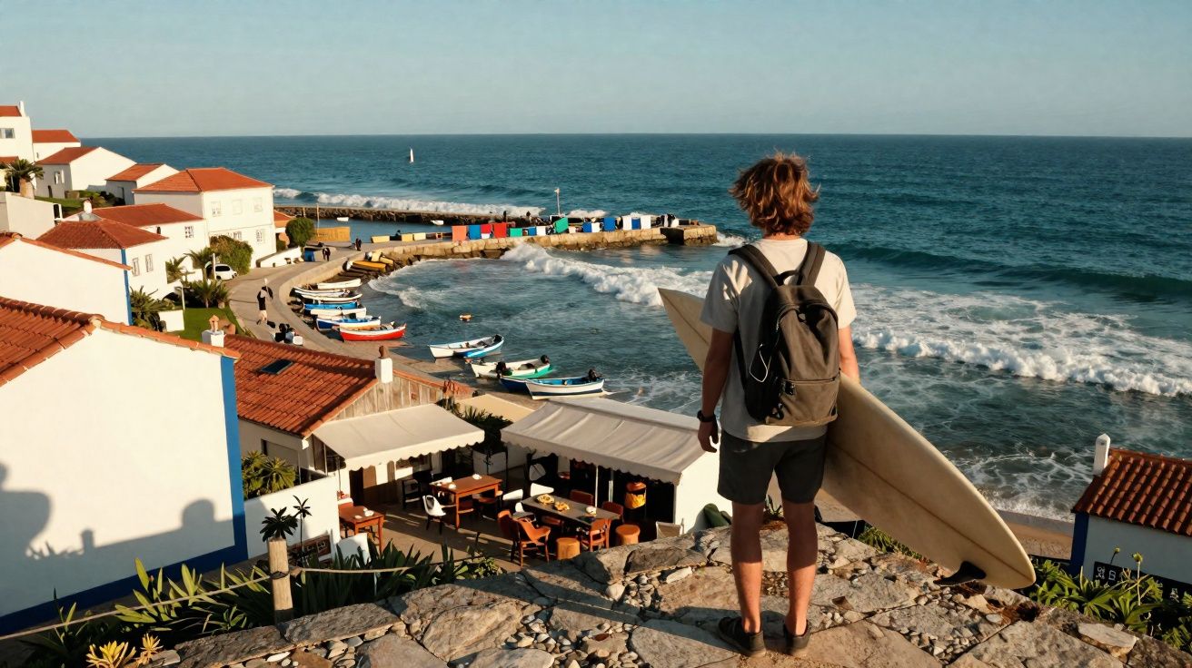 Młody mężczyzna z deską surfingową stoi na skałach i patrzy na plażę, morze i kolorowe łodzie.