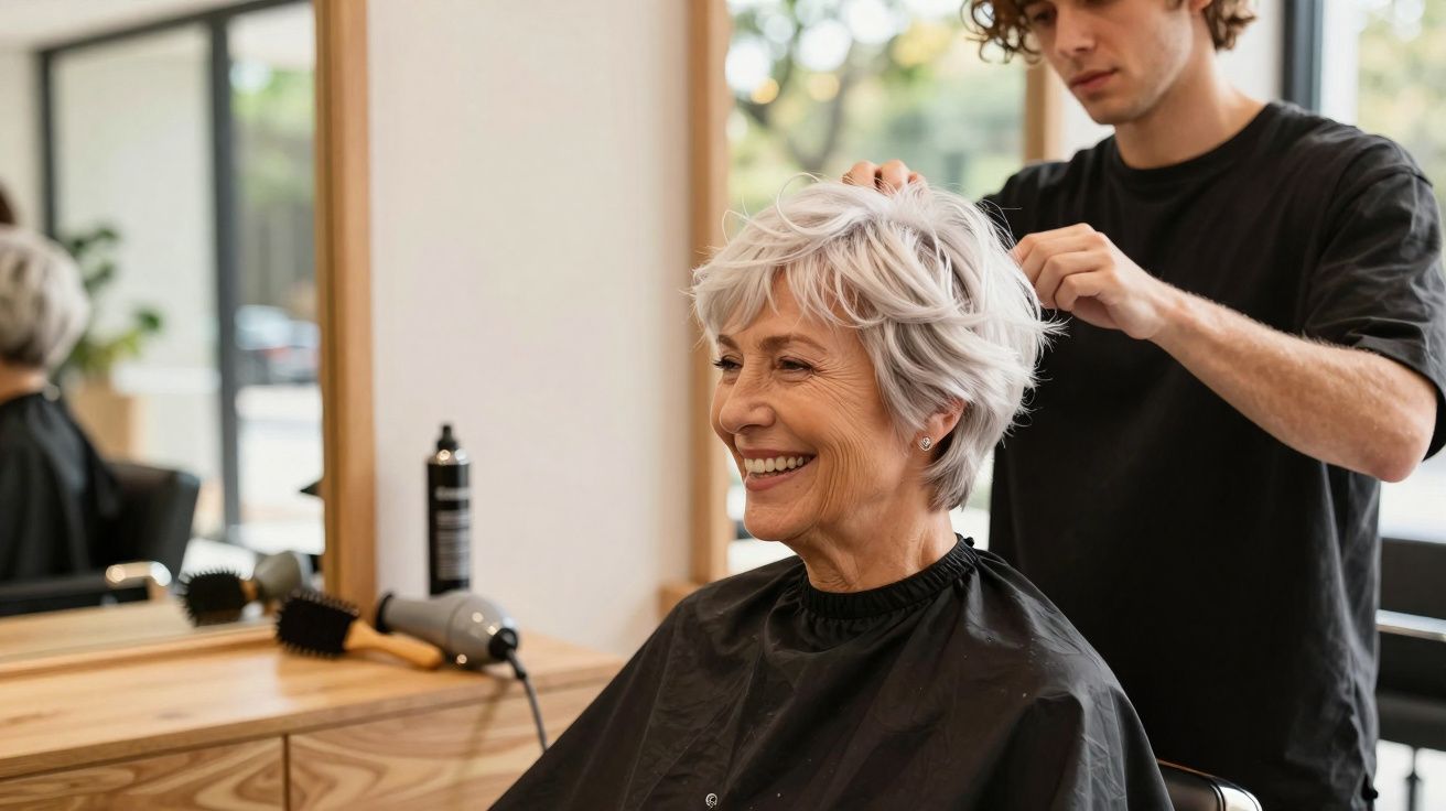 Uśmiechnięta starsza kobieta podczas strzyżenia u fryzjera w nowoczesnym salonie.