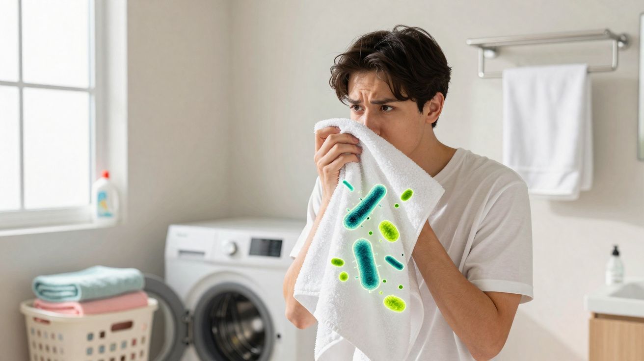 Mężczyzna w łazience trzyma ręcznik z widocznymi bakteriiami, wyraża niepokój o higienę.