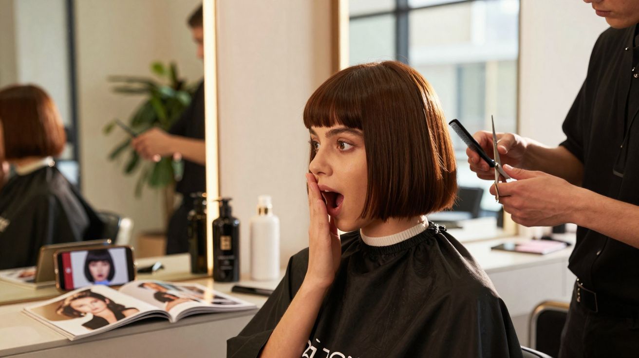 Kobieta z krótką fryzurą zaskoczona podczas strzyżenia w salonie fryzjerskim.