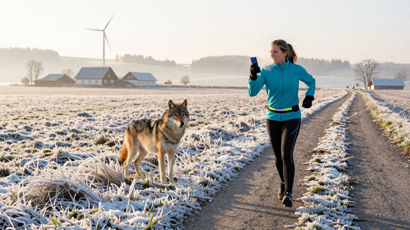 Kobieta biegająca zimą po polnej drodze obok stojącego wilka, wiejskie domy i wiatrak w tle.