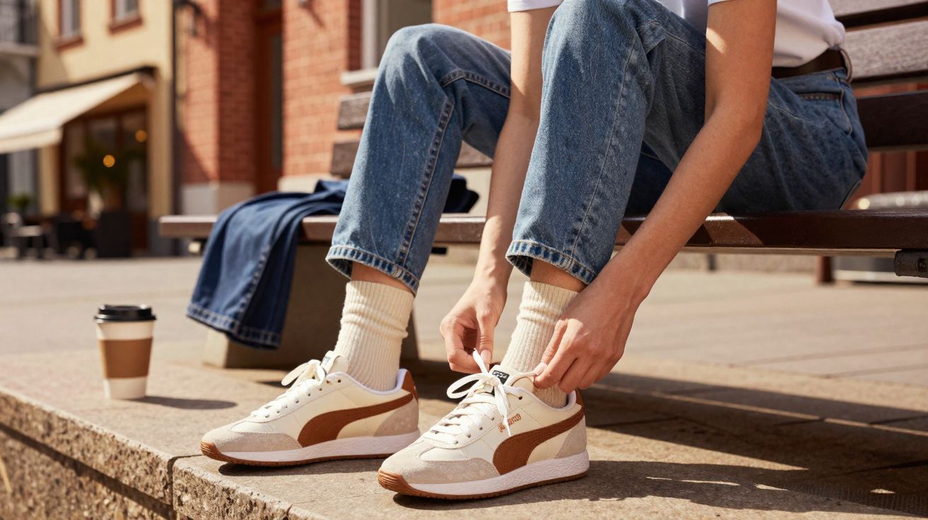 Osoba siedząca na ławce zawiązuje białe buty sportowe na ceglanym chodniku.