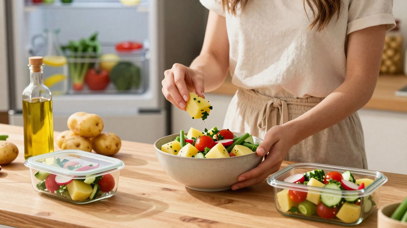 Kobieta przygotowująca sałatkę z ziemniaków, pomidorów i zielonej fasolki w kuchni na drewnianym blacie.