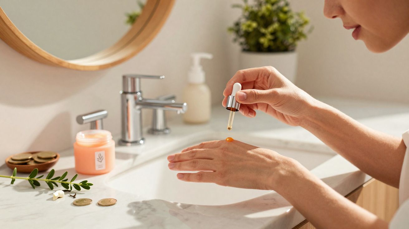 Kobieta nakłada na dłoń olejek kosmetyczny przy umywalce z lusterkiem i rośliną w tle.