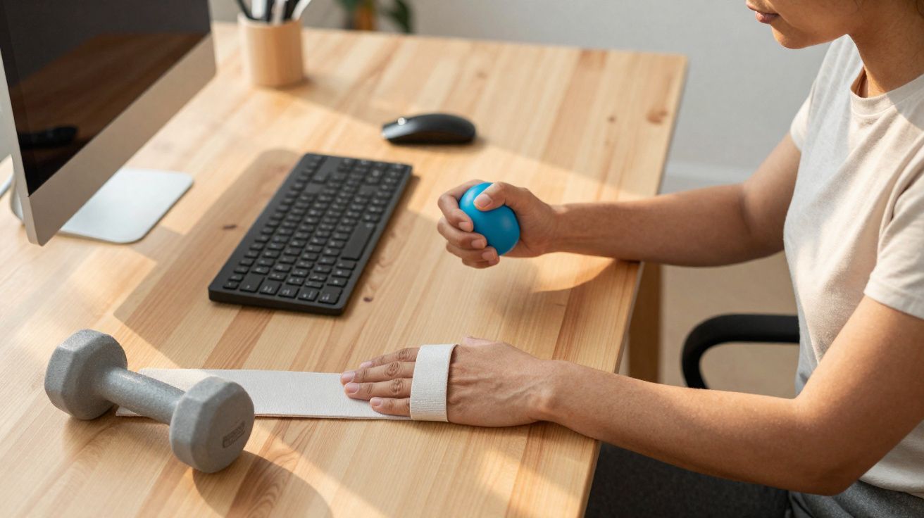 Osoba ćwiczy dłonie z piłeczką i bandażem przy biurku z komputerem i hantlem.