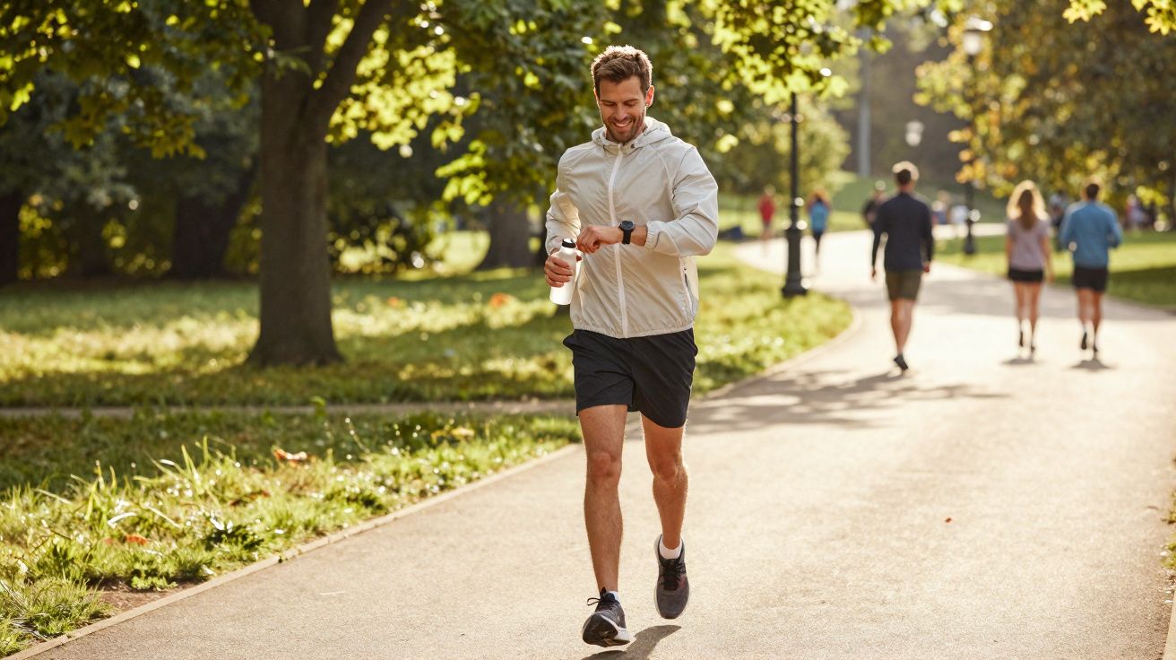 Mężczyzna w białej kurtce i czarnych szortach biegnie po alei w parku, patrząc na zegarek.