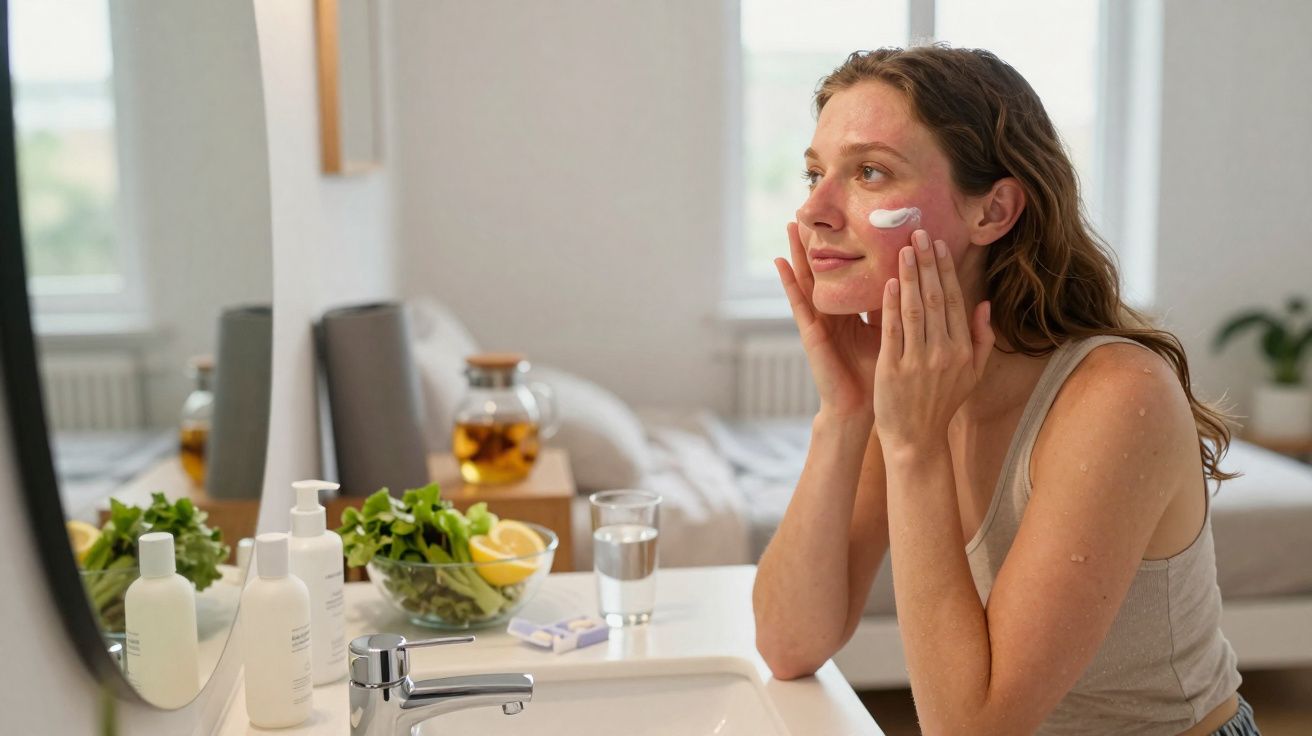 Kobieta nakłada krem na twarz stojąc przed lustrem w jasnej, domowej łazience.