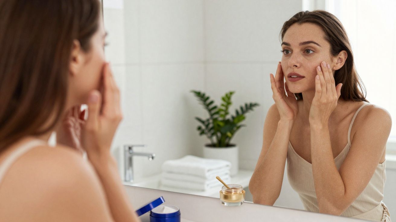 Kobieta nakłada krem na twarz, stojąc przed lustrem w jasnej łazience.