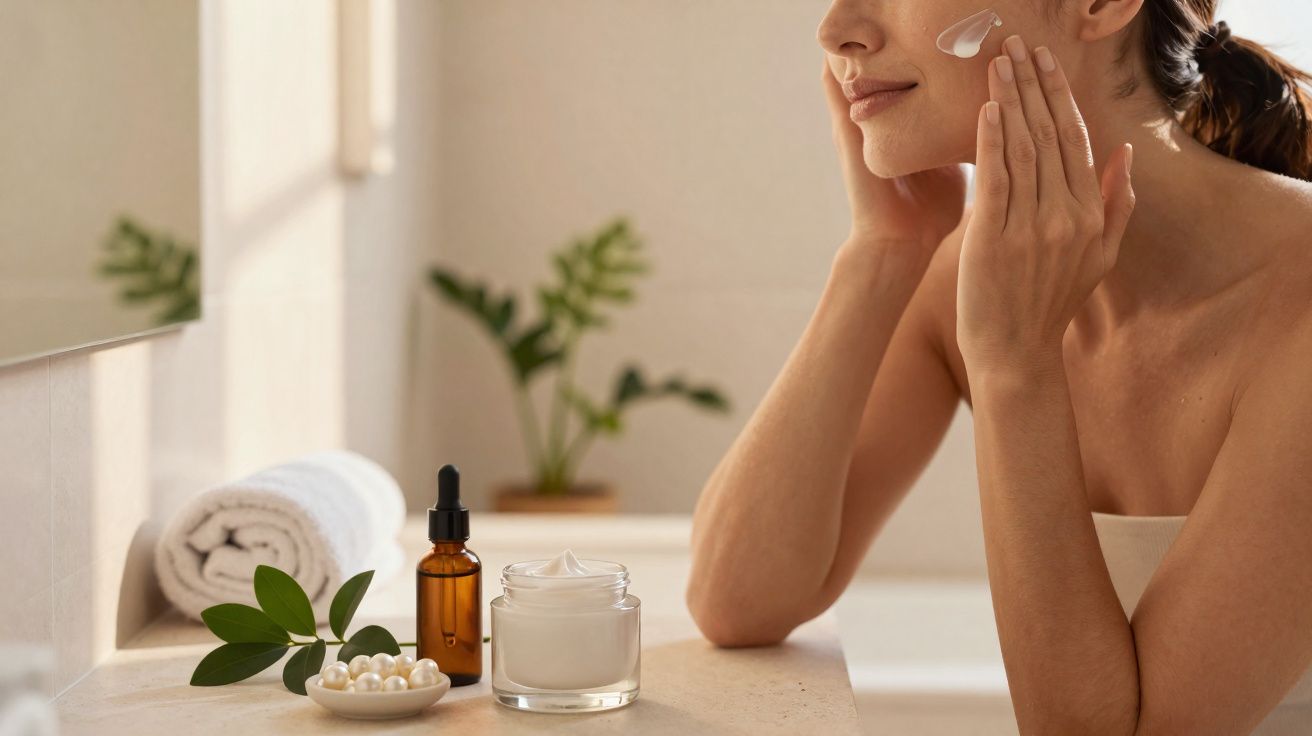 Kobieta nakłada krem na twarz w łazience, na blacie stoją kosmetyki i ręcznik.