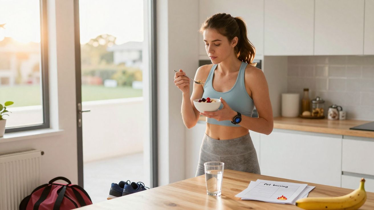 Młoda kobieta w sportowym stroju je zdrowe śniadanie w kuchni o poranku.