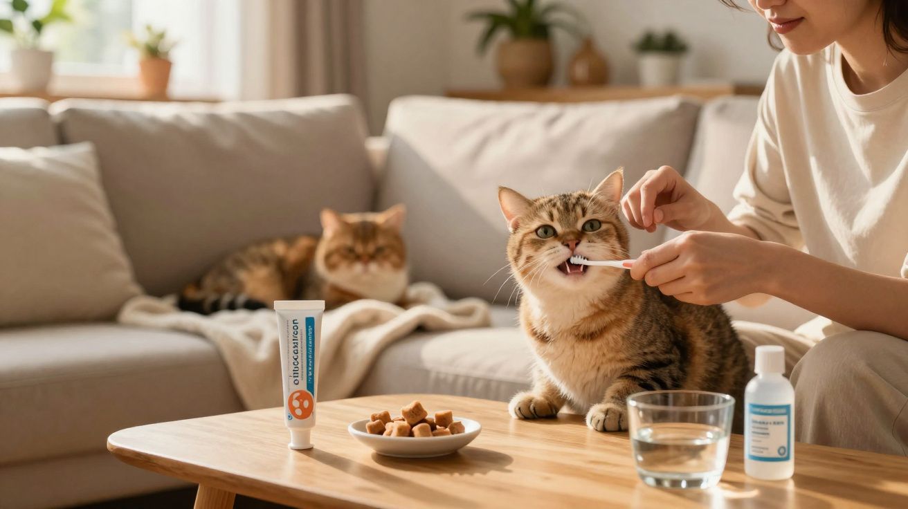 Kobieta czyści zęby kotu siedzącemu przy stole z przekąskami i produktami do pielęgnacji zwierząt.