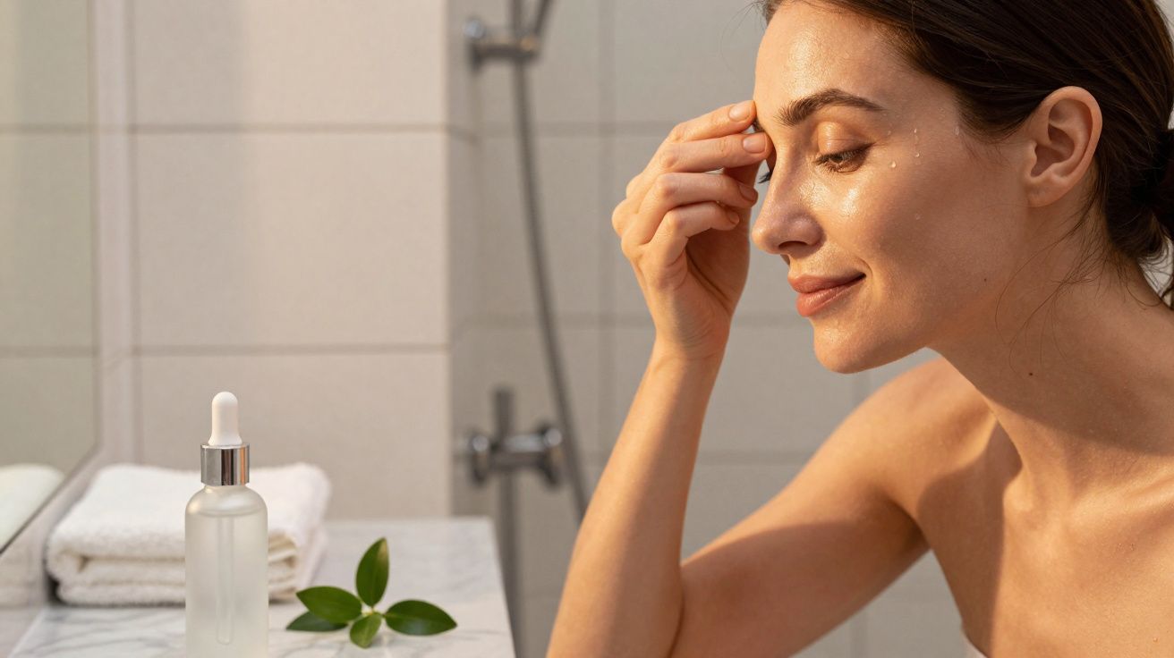 Kobieta nakładająca serum na twarz w łazience z ręcznikami i rośliną na blacie.