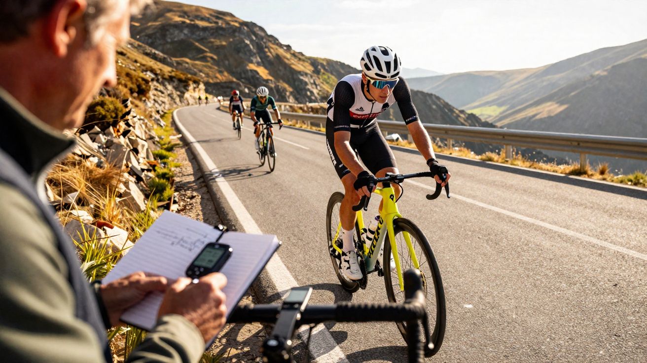 Kolarze ścigający się po górskiej drodze, sędzia zapisujący wyniki na papierze przy drodze.