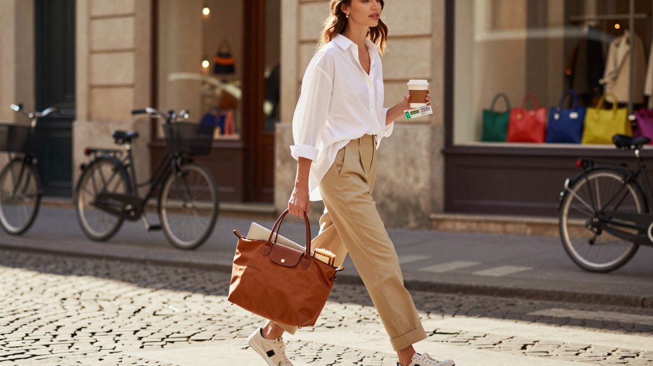 Kobieta w białej koszuli i beżowych spodniach idzie ulicą, trzyma kawę na wynos i dużą torebkę.