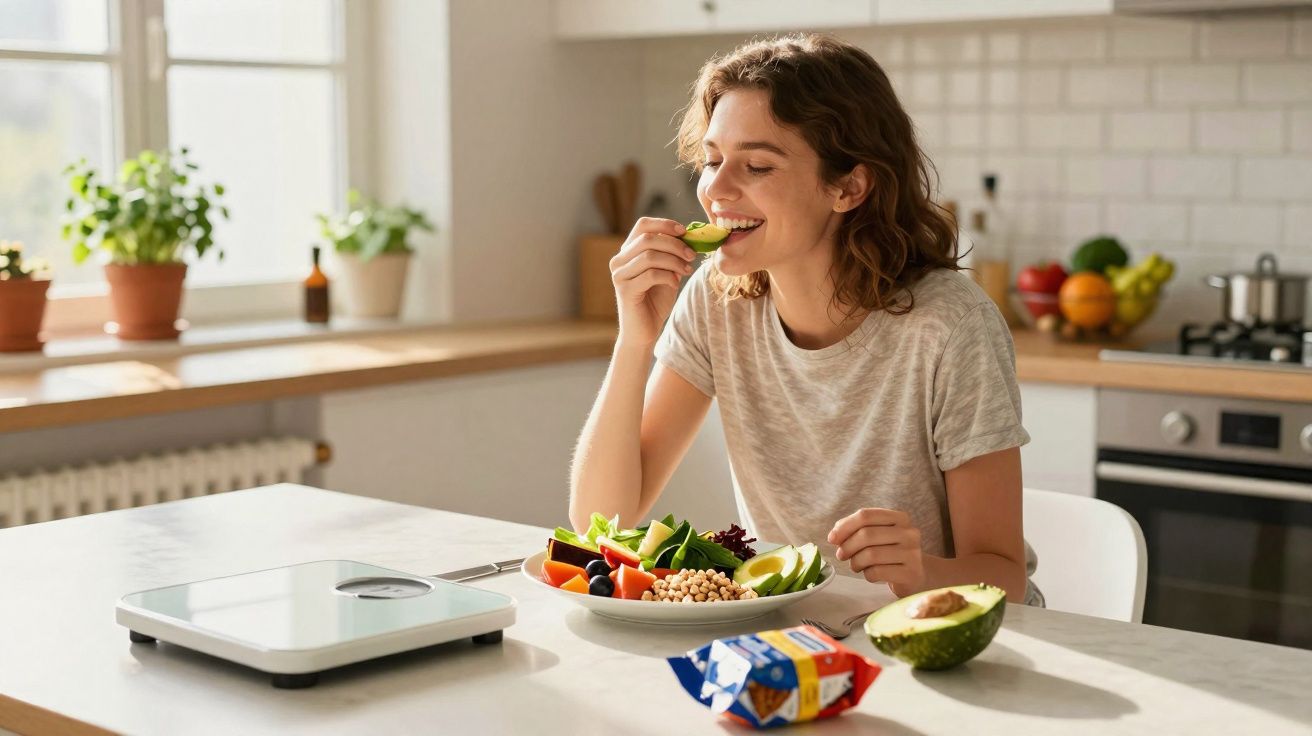 Młoda kobieta jedząca awokado przy stole z sałatką i wagą kuchenną w jasnej kuchni.