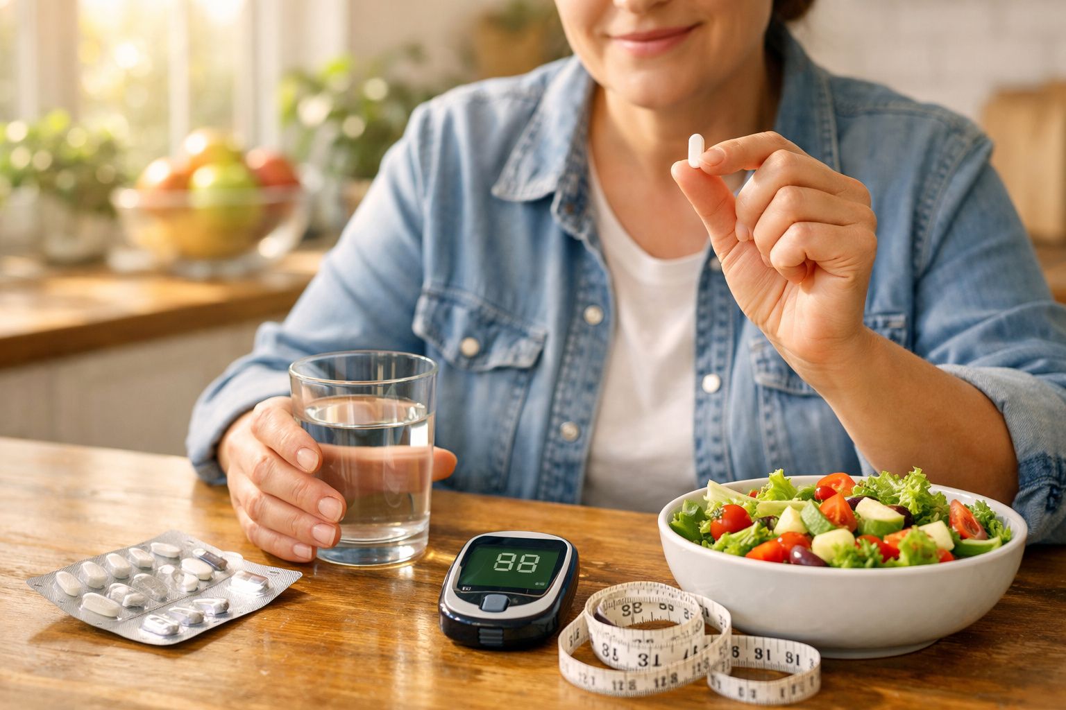 Osoba trzyma pigułkę i szklankę wody przy stole z sałatką, glukometrem i miarką krawiecką.