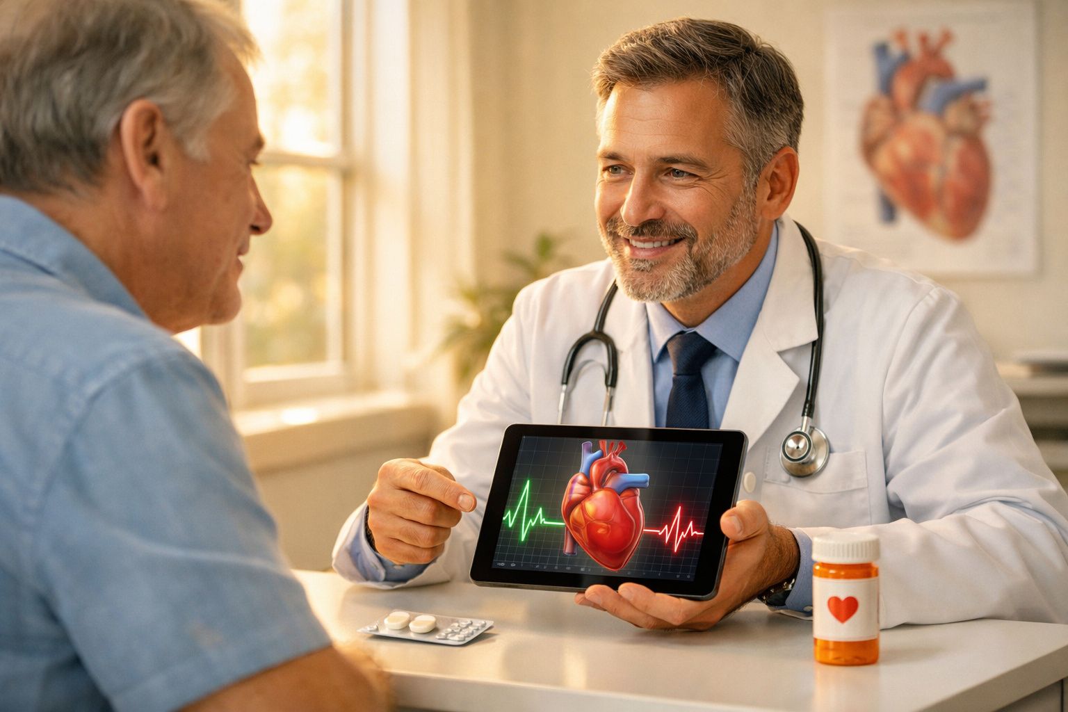 Lekarz pokazujący pacjentowi na tablecie animację serca i zapis EKG podczas konsultacji.