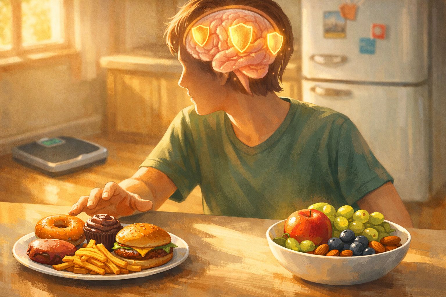 Chłopiec sięga po fast food, obok miska ze świeżymi owocami i orzechami, symbol ochrony mózgu.