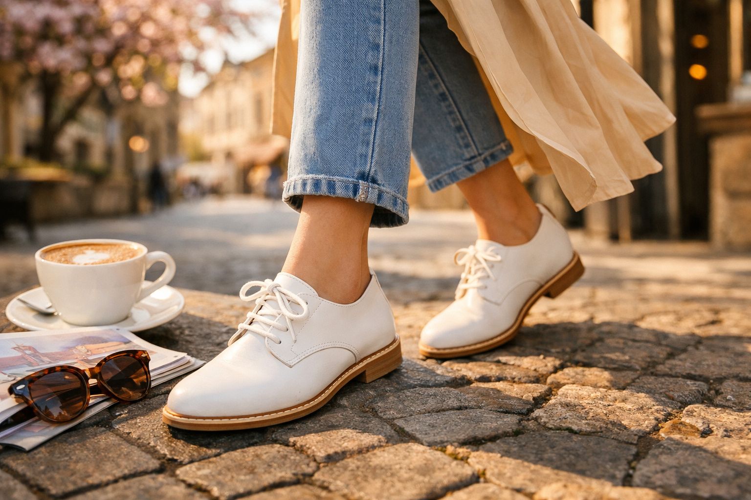 Białe skórzane buty na niskim obcasie na brukowanym chodniku obok filiżanki kawy i okularów przeciwsłonecznych.