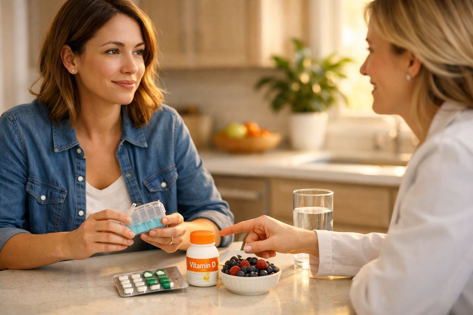 Dwie kobiety rozmawiające przy kuchennym stole, jedna trzyma organizator na tabletki, druga wskazuje na miseczkę owoców.