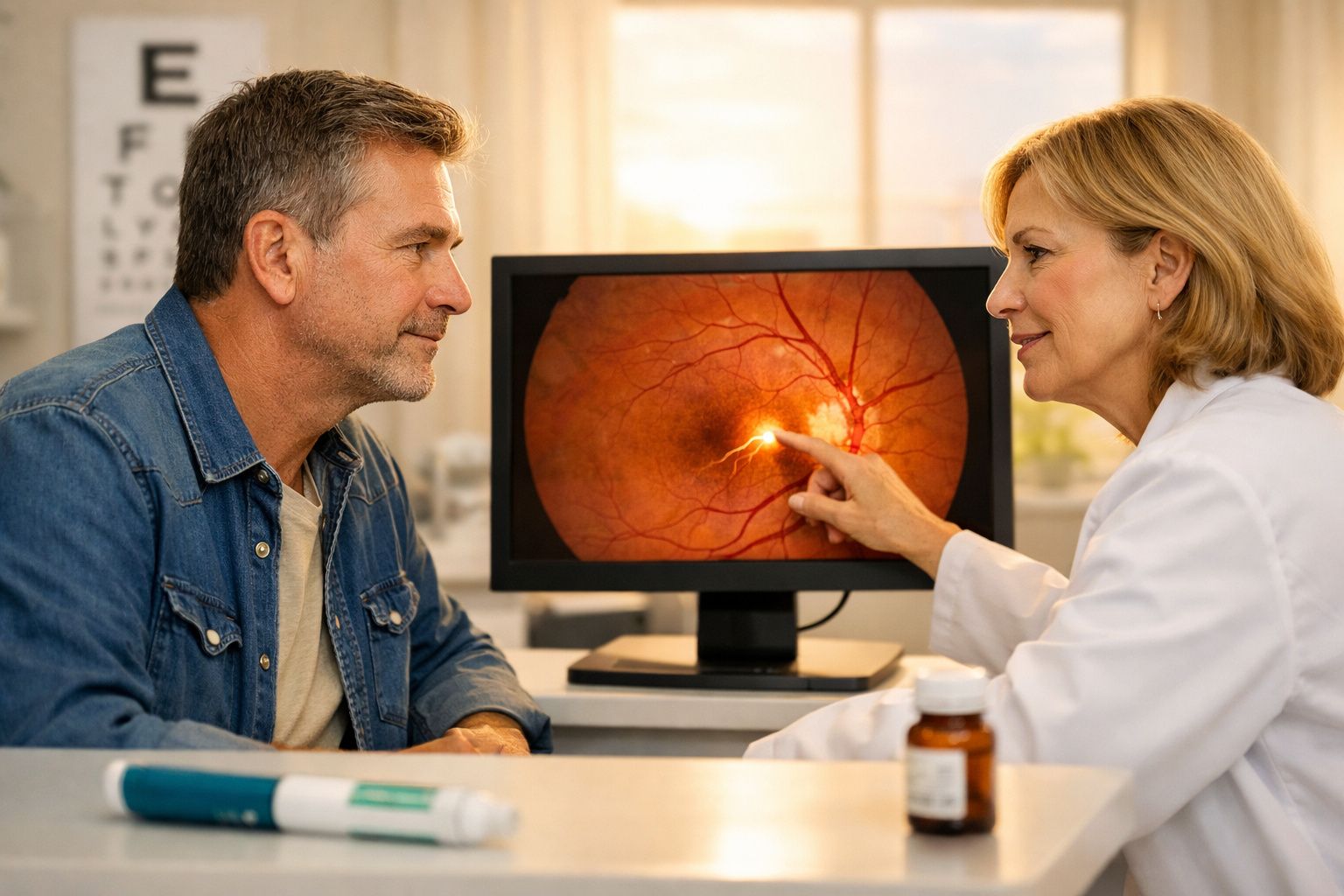 Lekarka pokazuje pacjentowi zdjęcie dna oka na monitorze podczas badania okulistycznego.