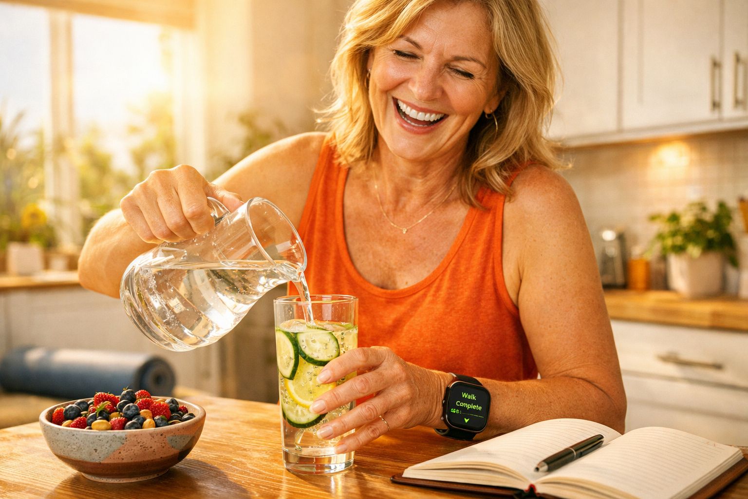 Uśmiechnięta kobieta nalewa wodę z dzbanka do szklanki z plasterkami ogórka i cytryny w kuchni.