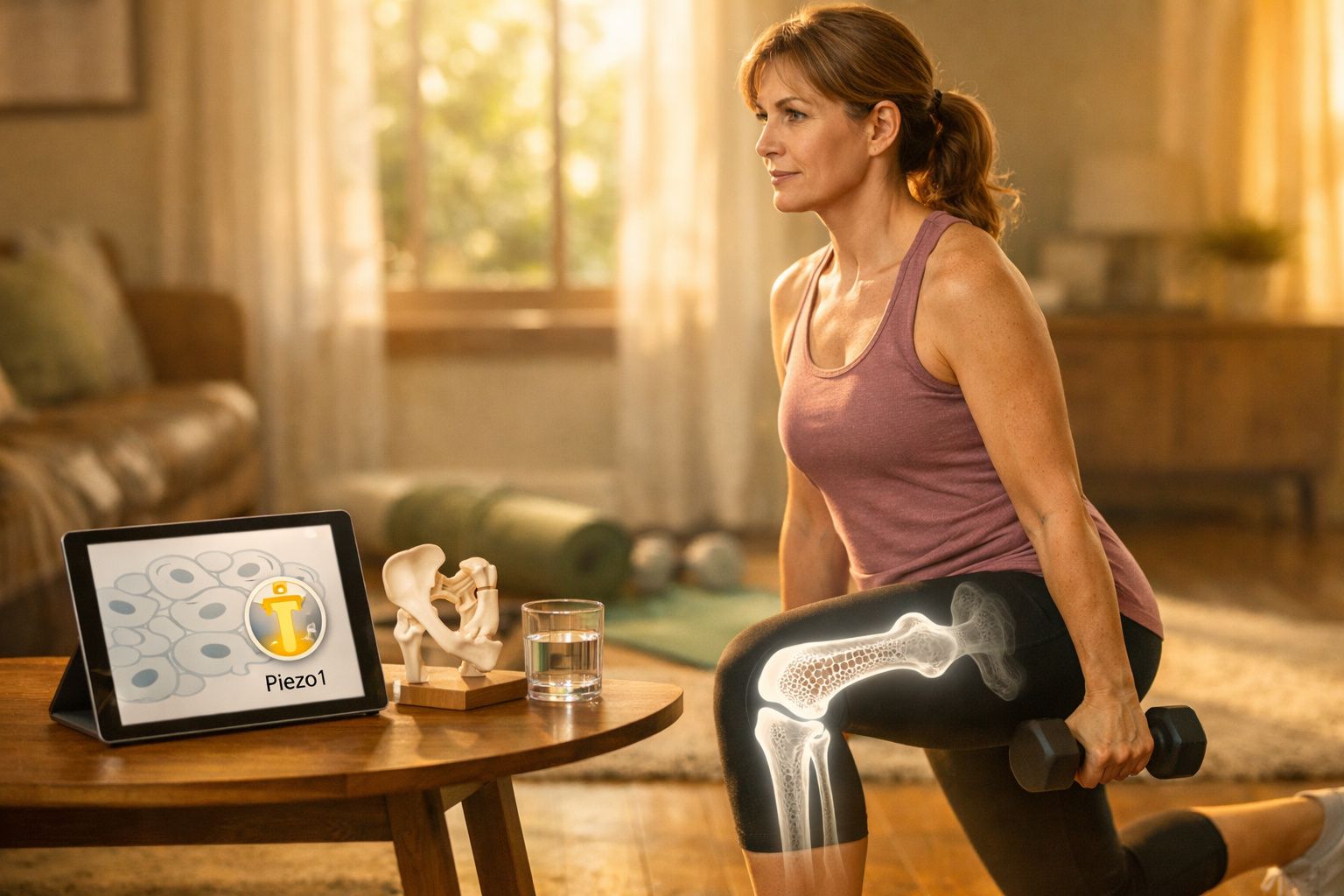 Kobieta ćwiczy w domu z hantlami, z wyświetlonym modelem kości udowej na nogach.