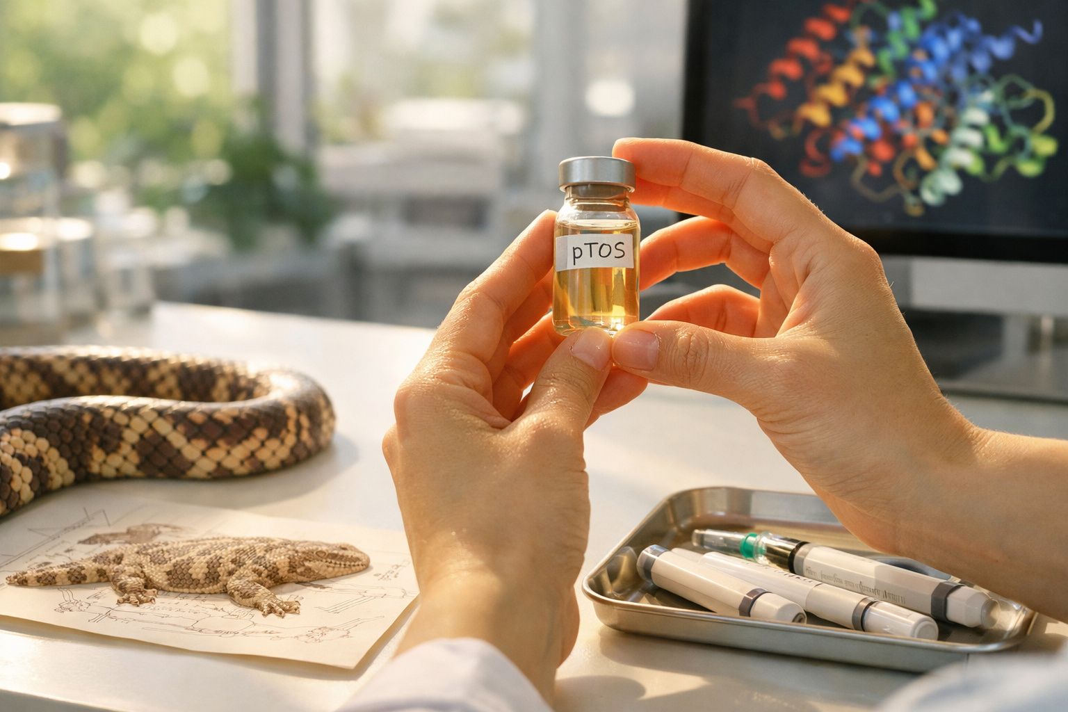 Ręce trzymające fiolkę z napisem pTOS obok rysunku jaszczurki i kolca oraz sprzętu laboratoryjnego.
