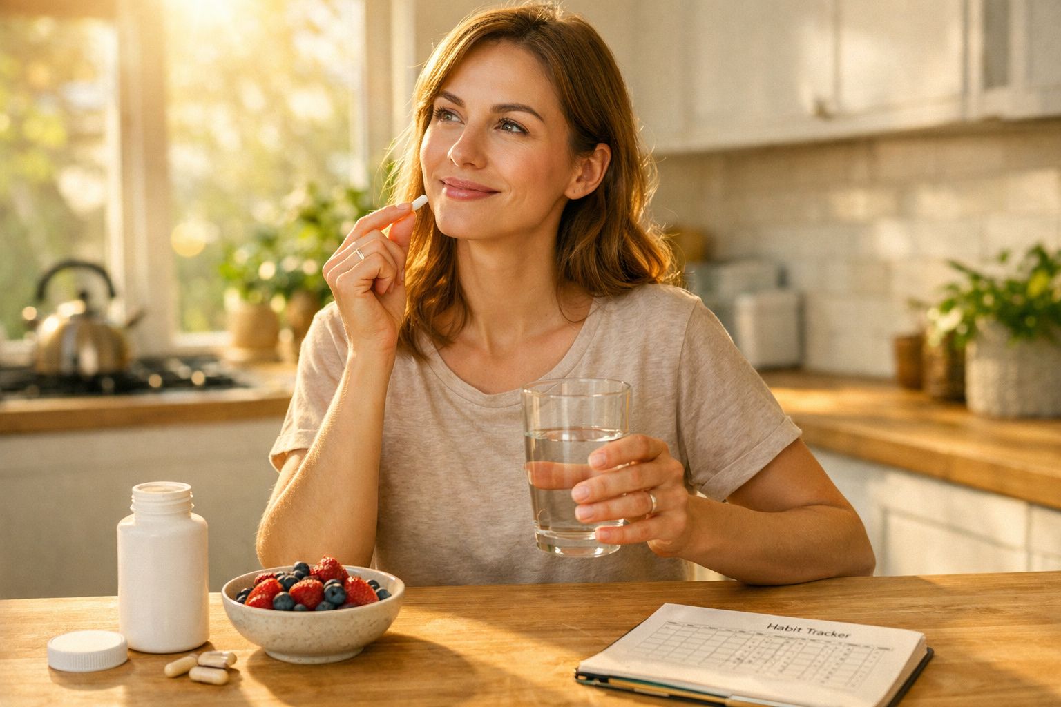 Kobieta w kuchni bierze tabletkę, trzyma szklankę wody, obok owocowa miska i notatnik z habit trackerem.