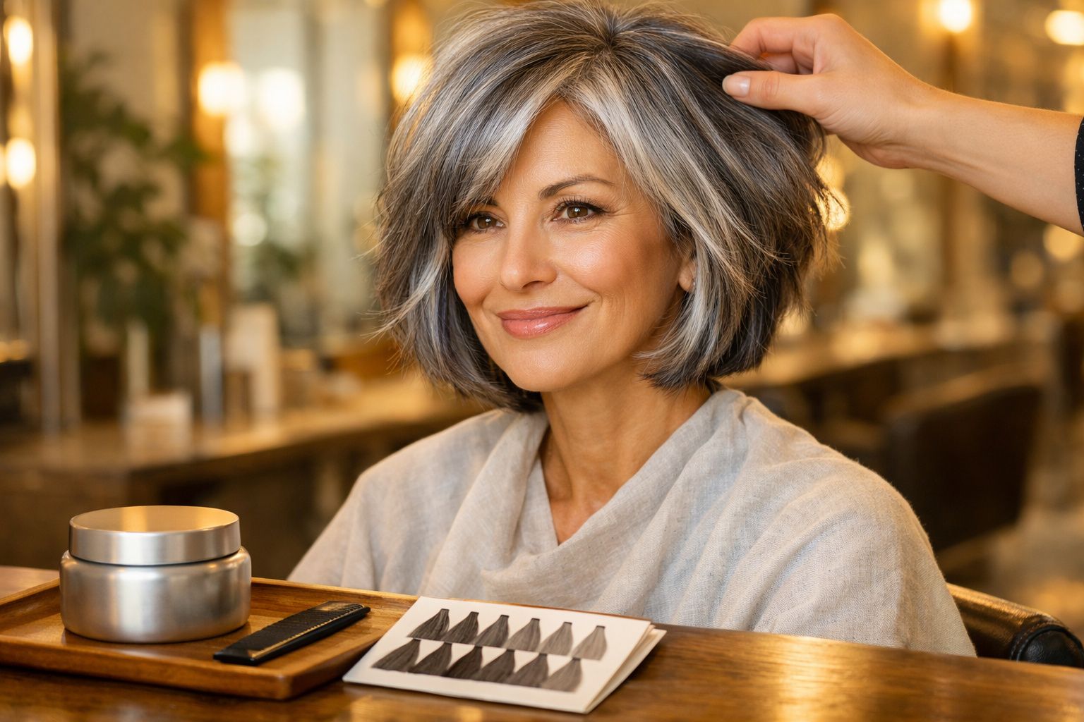 Kobieta z siwymi włosami siedzi w salonie fryzjerskim podczas konsultacji dotyczącej koloryzacji włosów.