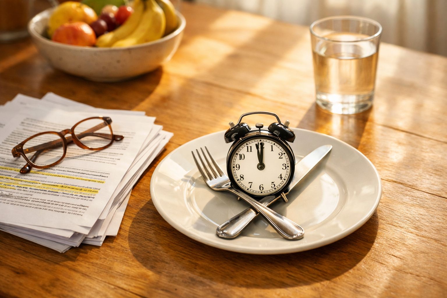 Budzik na talerzu między widelcem i nożem, obok okulary na stosie dokumentów i szklanka wody.