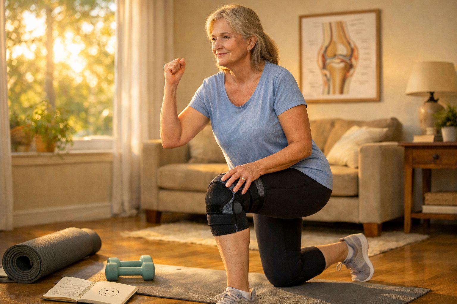 Starsza kobieta ćwiczy z klęku w salonie, ubrana w niebieską koszulkę i opaskę na kolanie.