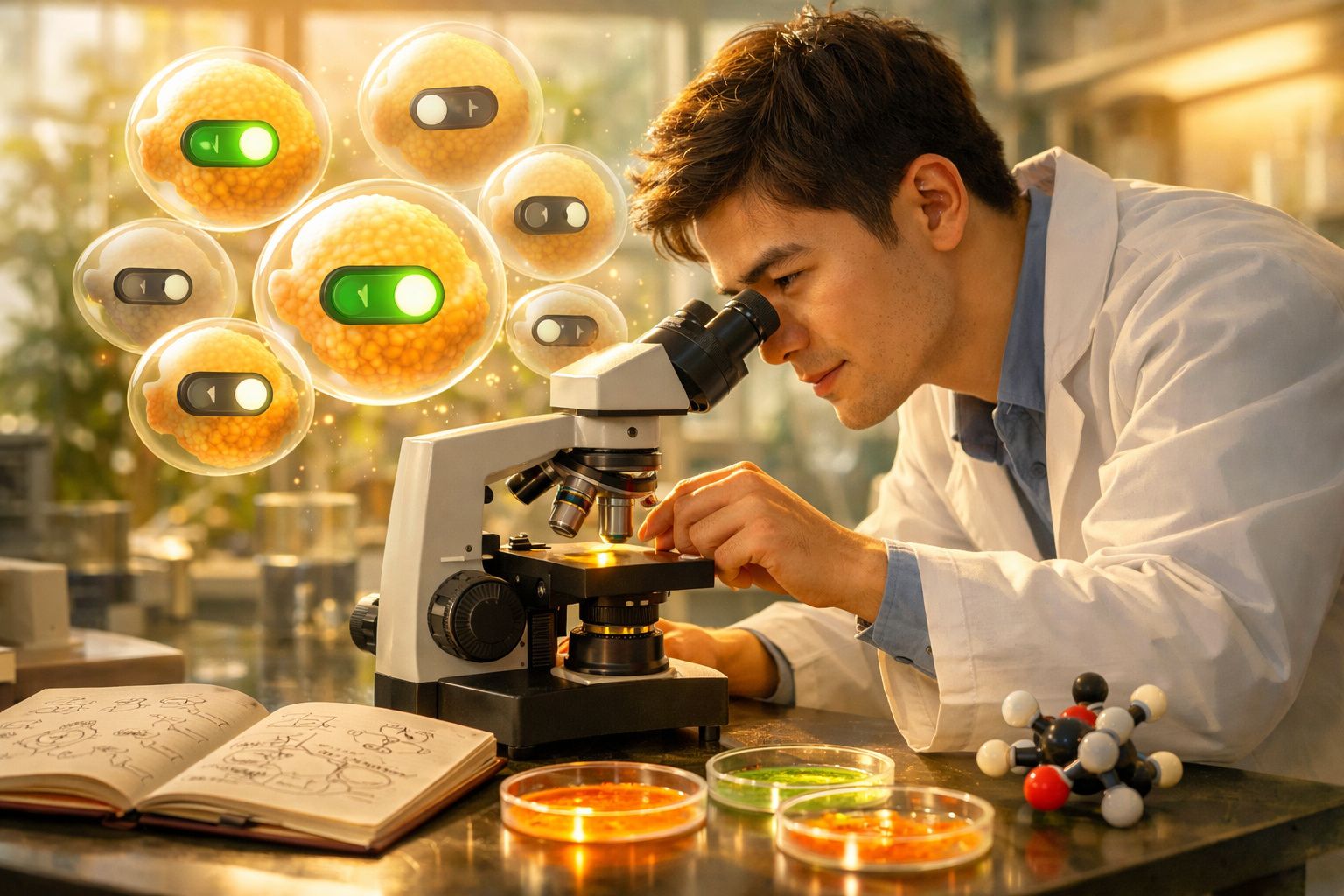 Młody naukowiec bada próbki pod mikroskopem, obok notatki i modele molekularne w laboratorium.