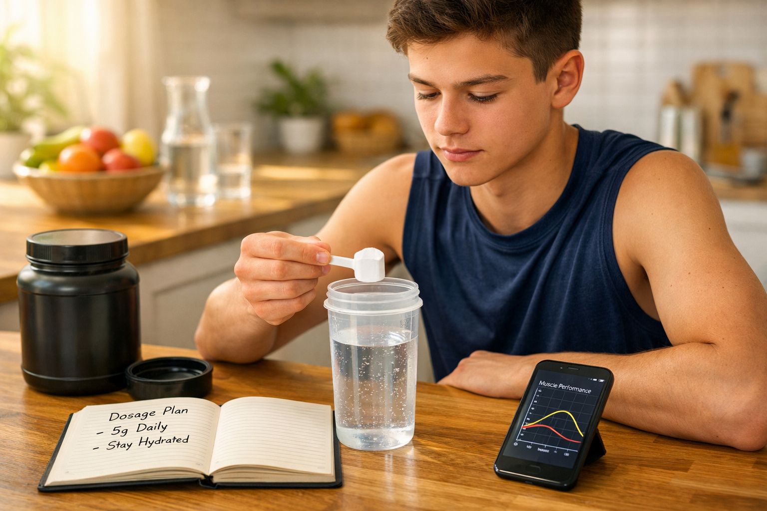 Młody mężczyzna w kuchni rozpuszcza odżywkę białkową w wodzie, obok notatnik i telefon z wykresem.