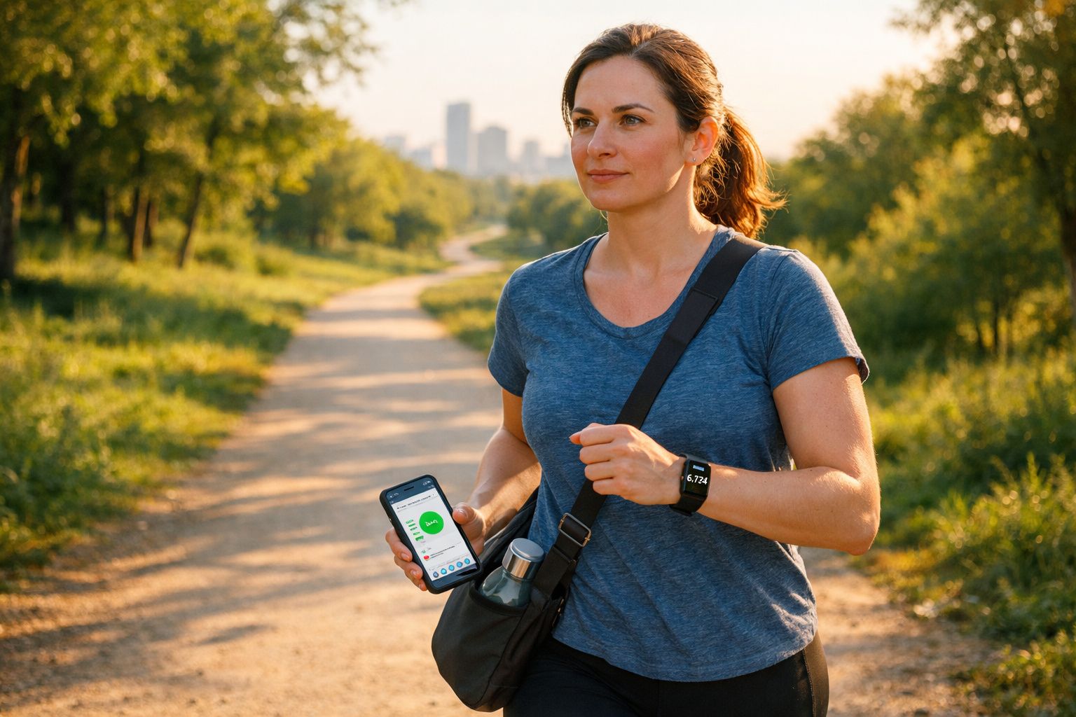 Kobieta w sportowym ubraniu trzymająca telefon i bidon podczas spaceru po lesistej ścieżce o zachodzie słońca.